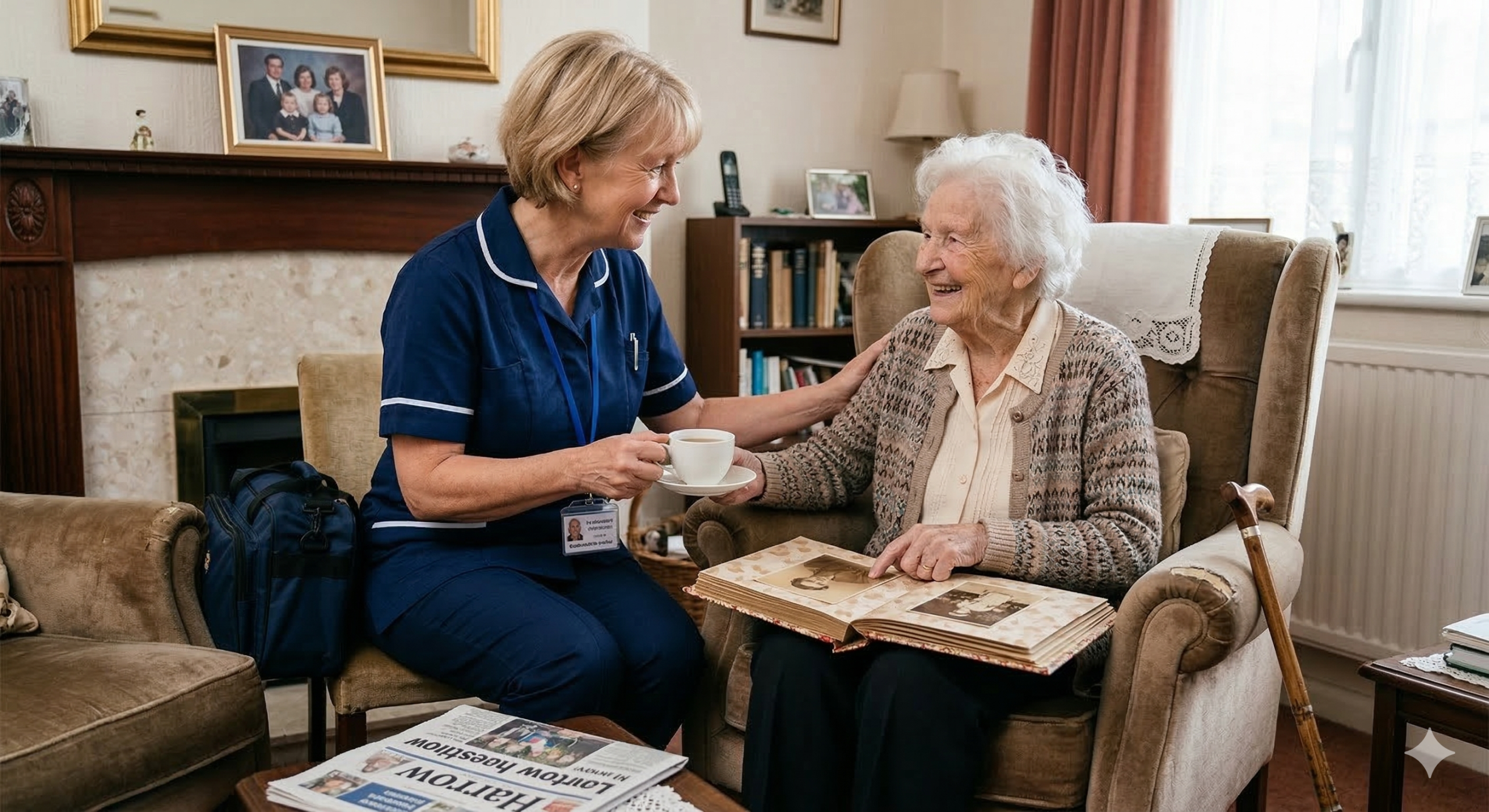 Carer having tea with elderly client in their living room