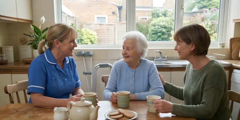 carer speaking with client and her daughter in the client's kitchen, enjoying a cup of tea in the afternoon.