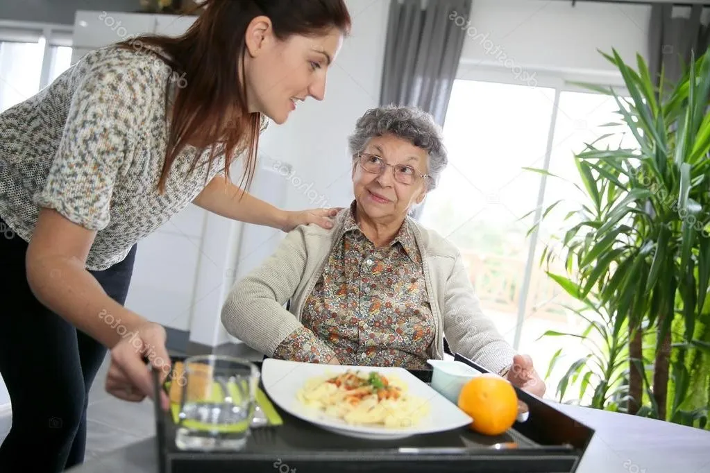 Home carer preparing lunch for woman